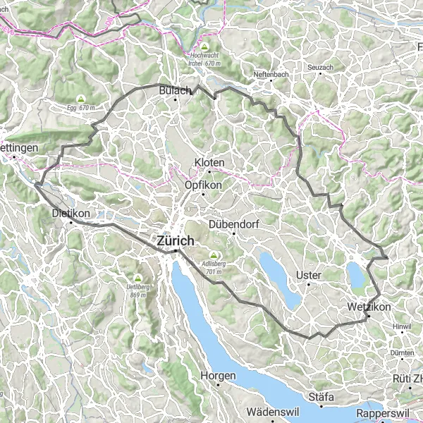 Map miniature of "The Swiss Hills Challenge" cycling inspiration in Zürich, Switzerland. Generated by Tarmacs.app cycling route planner