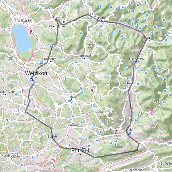 Mapa miniatúra "Hittnau - Kempten - Hittnau" cyklistická inšpirácia v Zürich, Switzerland. Vygenerované cyklistickým plánovačom trás Tarmacs.app