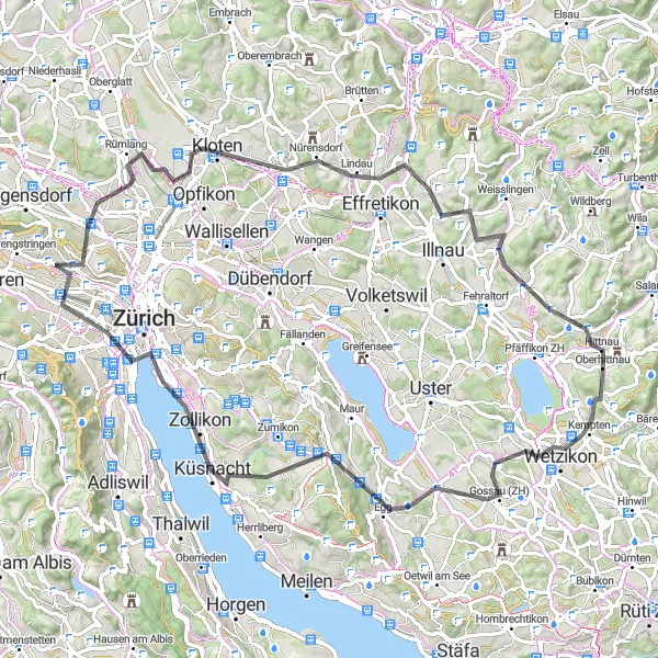 Miniaturní mapa "Cyklotrasa Hittnau - Wetzikon - Egg - Zurich - Lindenhof - Glattbrugg - Butzenbüel - Furtbüel - Russikon" inspirace pro cyklisty v oblasti Zürich, Switzerland. Vytvořeno pomocí plánovače tras Tarmacs.app