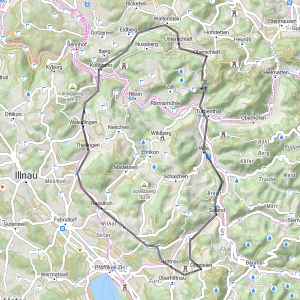 Miniatura della mappa di ispirazione al ciclismo "Giro in bicicletta da Hittnau a Turbenthal" nella regione di Zürich, Switzerland. Generata da Tarmacs.app, pianificatore di rotte ciclistiche