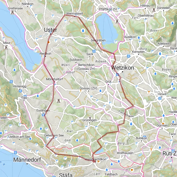 Karttaminiaatyyri "Usterin maastoretki" pyöräilyinspiraatiosta alueella Zürich, Switzerland. Luotu Tarmacs.app pyöräilyreittisuunnittelijalla