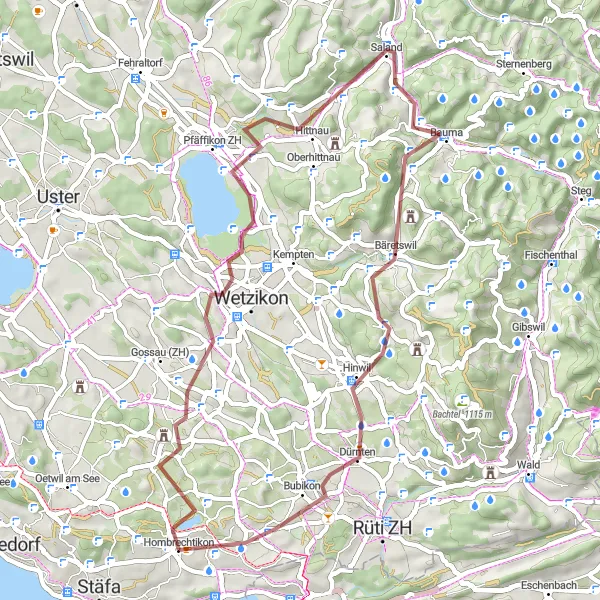 Miniatua del mapa de inspiración ciclista "Ruta de Grava por Wetzikon y Bauma" en Zürich, Switzerland. Generado por Tarmacs.app planificador de rutas ciclistas