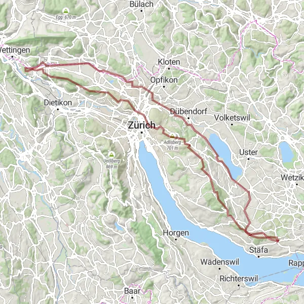 Miniatua del mapa de inspiración ciclista "Ruta de Grava por Maur y Forch" en Zürich, Switzerland. Generado por Tarmacs.app planificador de rutas ciclistas
