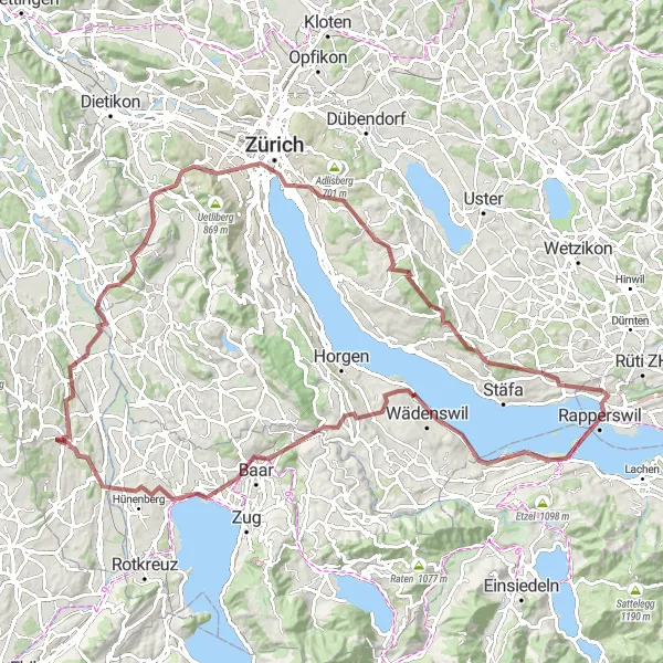 Karttaminiaatyyri "Wollerau ja Arni - Maastopyöräilyn seikkailu" pyöräilyinspiraatiosta alueella Zürich, Switzerland. Luotu Tarmacs.app pyöräilyreittisuunnittelijalla