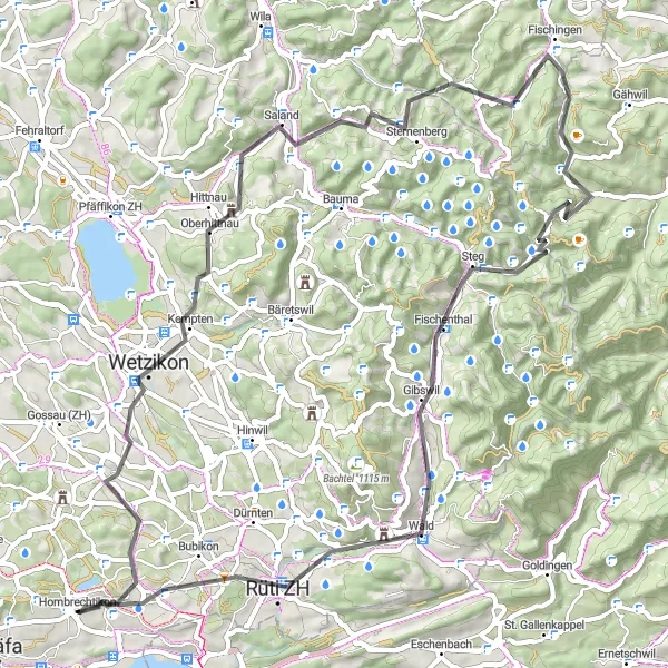 Mapa miniatúra "Challenging Road Cycling Route to Rüti ZH" cyklistická inšpirácia v Zürich, Switzerland. Vygenerované cyklistickým plánovačom trás Tarmacs.app