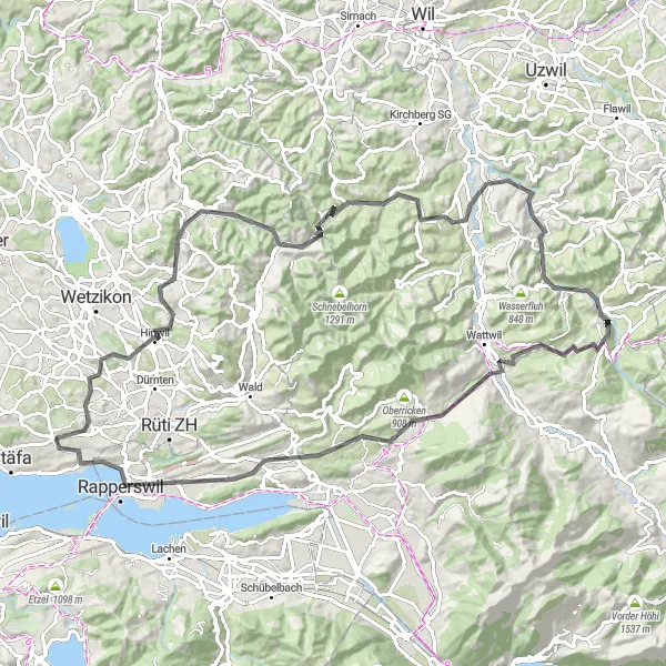 Mapa miniatúra "Challenging Road Cycling Loop from Hombrechtikon" cyklistická inšpirácia v Zürich, Switzerland. Vygenerované cyklistickým plánovačom trás Tarmacs.app