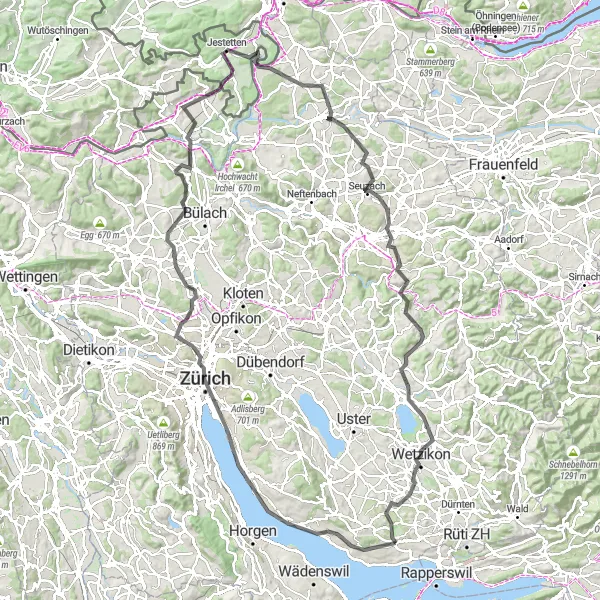 Mapa miniatúra "Cesta cez Zürich a Jestetten" cyklistická inšpirácia v Zürich, Switzerland. Vygenerované cyklistickým plánovačom trás Tarmacs.app
