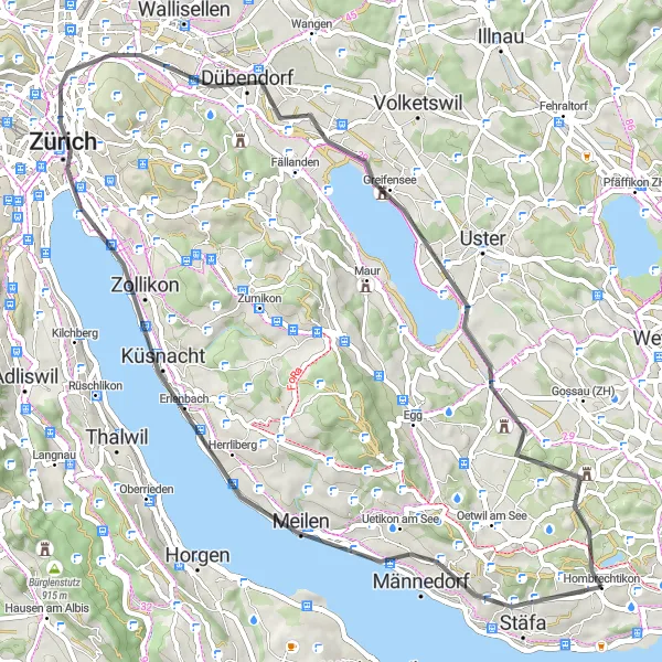 Miniatua del mapa de inspiración ciclista "Ruta en Carretera por Dübendorf y Grüningen" en Zürich, Switzerland. Generado por Tarmacs.app planificador de rutas ciclistas
