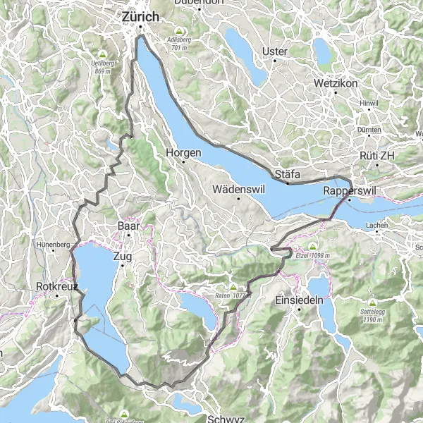 Map miniature of "Zurich to the Swiss Riviera" cycling inspiration in Zürich, Switzerland. Generated by Tarmacs.app cycling route planner