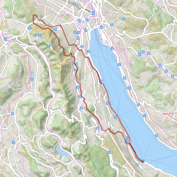 Miniatua del mapa de inspiración ciclista "Ruta de ciclismo de grava por los alrededores de Horgen" en Zürich, Switzerland. Generado por Tarmacs.app planificador de rutas ciclistas