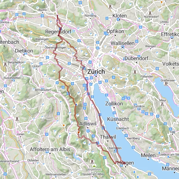 Miniatua del mapa de inspiración ciclista "Reto en bicicleta de grava desde Horgen hasta Uetliberg" en Zürich, Switzerland. Generado por Tarmacs.app planificador de rutas ciclistas