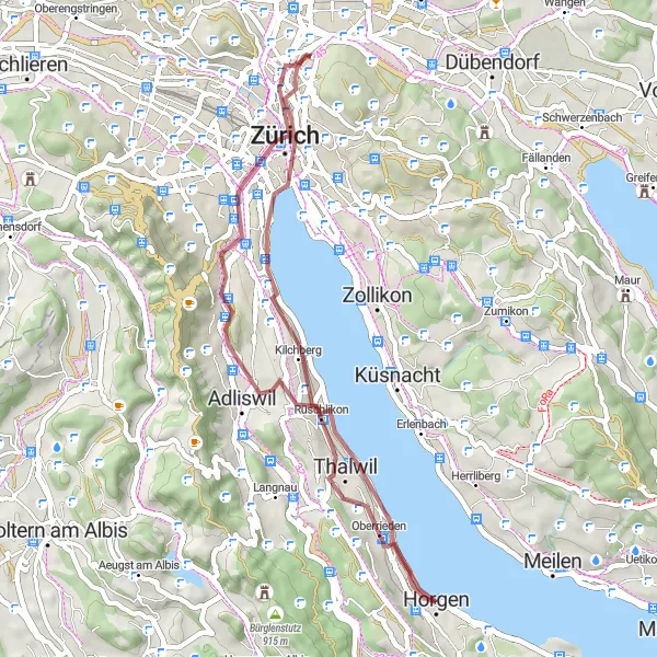 Zemljevid v pomanjšavi "Kulturno in naravno raziskovanje" kolesarske inspiracije v Zürich, Switzerland. Generirano z načrtovalcem kolesarskih poti Tarmacs.app