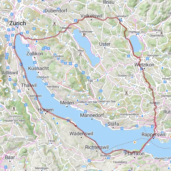 Miniaturní mapa "Gravel okruh okolo Zürichského jezera" inspirace pro cyklisty v oblasti Zürich, Switzerland. Vytvořeno pomocí plánovače tras Tarmacs.app