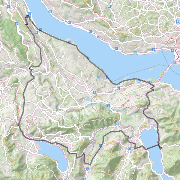 Zemljevid v pomanjšavi "Kolesarska pot okoli Züricha" kolesarske inspiracije v Zürich, Switzerland. Generirano z načrtovalcem kolesarskih poti Tarmacs.app