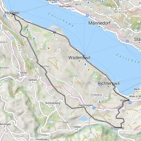 Miniatura della mappa di ispirazione al ciclismo "Percorso su strada attorno al Lago di Zurigo" nella regione di Zürich, Switzerland. Generata da Tarmacs.app, pianificatore di rotte ciclistiche