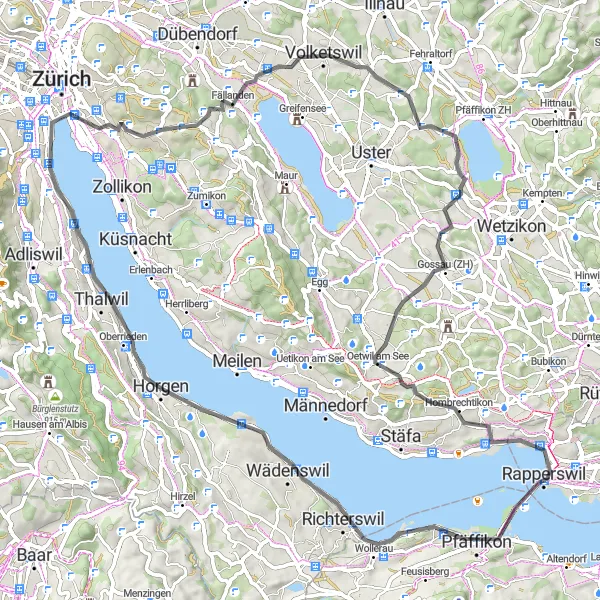 Miniatua del mapa de inspiración ciclista "Ruta de ciclismo de carretera por los alrededores de Zúrich" en Zürich, Switzerland. Generado por Tarmacs.app planificador de rutas ciclistas