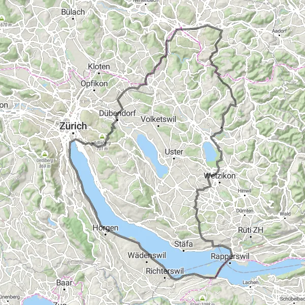 Miniatuurkaart van de fietsinspiratie "Zürichsee to Greifensee Loop" in Zürich, Switzerland. Gemaakt door de Tarmacs.app fietsrouteplanner