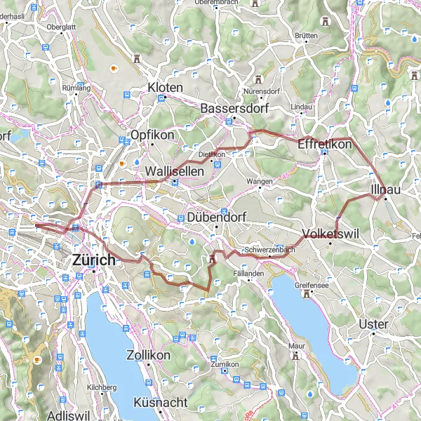 Kartminiatyr av "Utflykt till Loorenkopf Turm och Effretikon" cykelinspiration i Zürich, Switzerland. Genererad av Tarmacs.app cykelruttplanerare