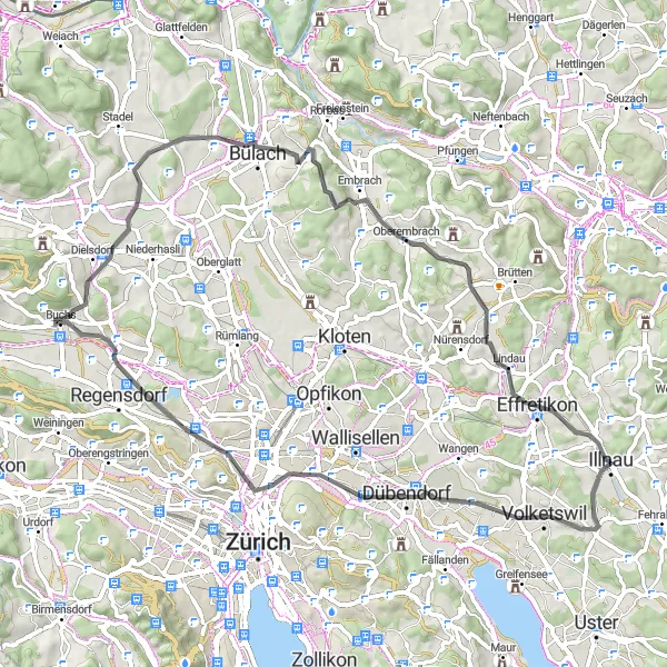 Miniatua del mapa de inspiración ciclista "Ruta ciclista por Volketswil y Buchs" en Zürich, Switzerland. Generado por Tarmacs.app planificador de rutas ciclistas