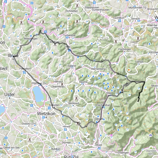 Zemljevid v pomanjšavi "Razgibana cestna pot skozi čudovito pokrajino blizu Illnau" kolesarske inspiracije v Zürich, Switzerland. Generirano z načrtovalcem kolesarskih poti Tarmacs.app