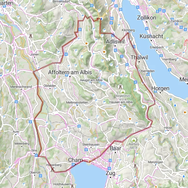 Miniaturekort af cykelinspirationen "Grusvejscykelrute til Baarburg og Sins" i Zürich, Switzerland. Genereret af Tarmacs.app cykelruteplanlægger