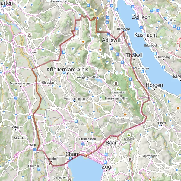 Map miniature of "Zurich Countryside Gravel Ride" cycling inspiration in Zürich, Switzerland. Generated by Tarmacs.app cycling route planner