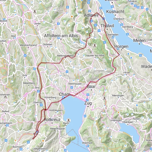 Zemljevid v pomanjšavi "Gozdna kolesarska pustolovščina blizu Kilchberga" kolesarske inspiracije v Zürich, Switzerland. Generirano z načrtovalcem kolesarskih poti Tarmacs.app