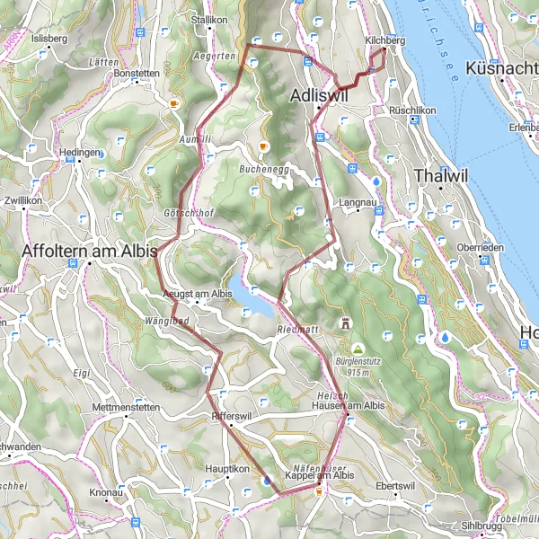 Kartminiatyr av "Albispass og Aeugsterberg Rundtur" sykkelinspirasjon i Zürich, Switzerland. Generert av Tarmacs.app sykkelrutoplanlegger