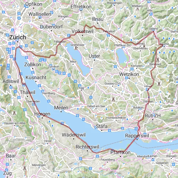 Miniatura della mappa di ispirazione al ciclismo "Avventura in bicicletta tra Kilchberg e Wollerau" nella regione di Zürich, Switzerland. Generata da Tarmacs.app, pianificatore di rotte ciclistiche