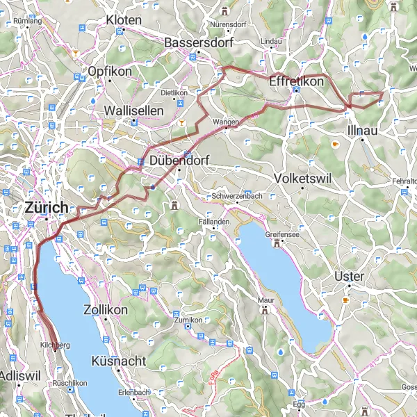 Map miniature of "Kilchberg Gravel Challenge" cycling inspiration in Zürich, Switzerland. Generated by Tarmacs.app cycling route planner