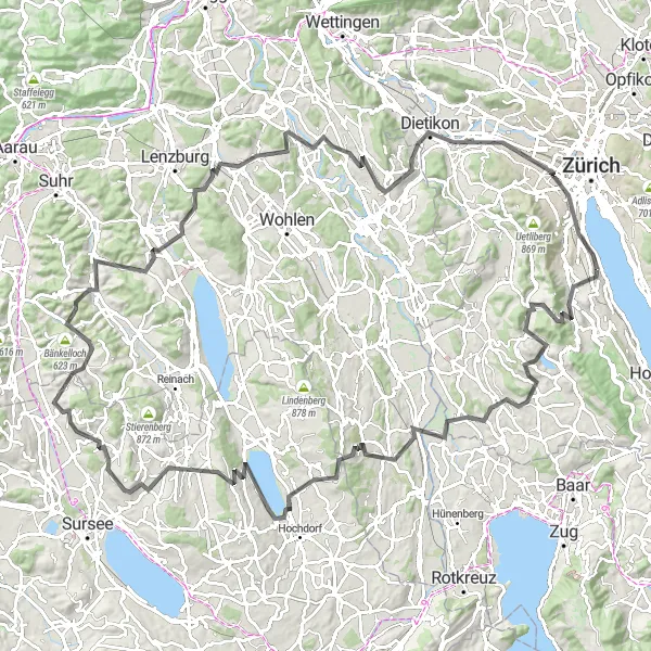 Mapa miniatúra "Epic Road Cycling Journey to Baldeggersee and Altstetten" cyklistická inšpirácia v Zürich, Switzerland. Vygenerované cyklistickým plánovačom trás Tarmacs.app