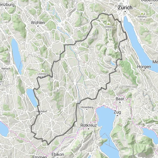Zemljevid v pomanjšavi "Pustolovščina po Rothirsch" kolesarske inspiracije v Zürich, Switzerland. Generirano z načrtovalcem kolesarskih poti Tarmacs.app