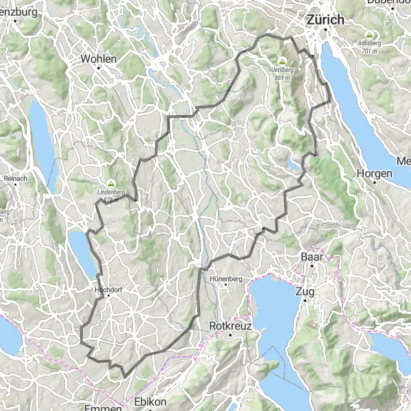 Karten-Miniaturansicht der Radinspiration "Auf den Spuren der Natur" in Zürich, Switzerland. Erstellt vom Tarmacs.app-Routenplaner für Radtouren