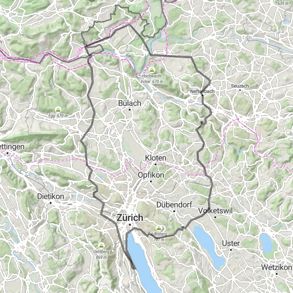 Miniatura della mappa di ispirazione al ciclismo "Giro su strada di 100 km con 1120 m di dislivello" nella regione di Zürich, Switzerland. Generata da Tarmacs.app, pianificatore di rotte ciclistiche