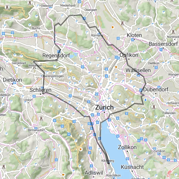 Map miniature of "Zurich Hill Loop" cycling inspiration in Zürich, Switzerland. Generated by Tarmacs.app cycling route planner