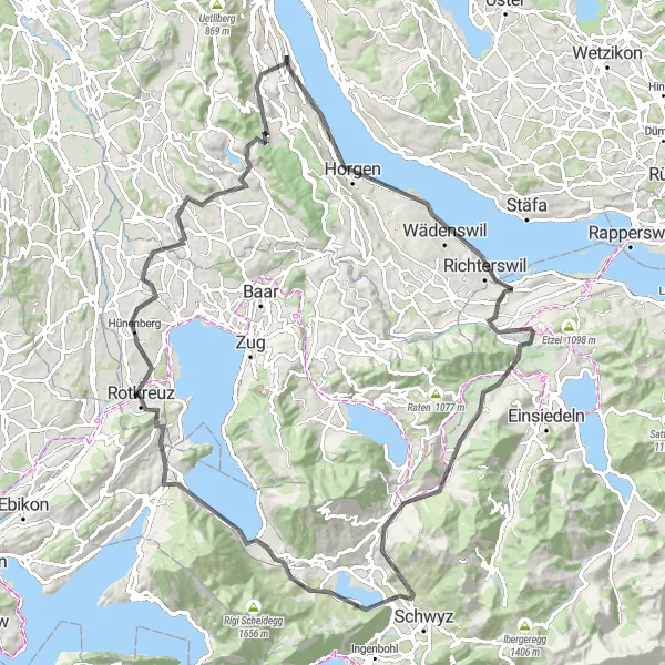 Kartminiatyr av "Kilchberg - Rothenthurm Loop" cykelinspiration i Zürich, Switzerland. Genererad av Tarmacs.app cykelruttplanerare