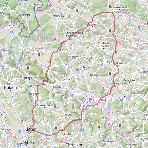 Miniatura della mappa di ispirazione al ciclismo "Giro gravel da Kloten a Zurigo" nella regione di Zürich, Switzerland. Generata da Tarmacs.app, pianificatore di rotte ciclistiche