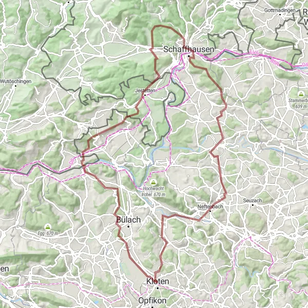 Mapa miniatúra "Gravel Kloten - Schaffhausen Circuit" cyklistická inšpirácia v Zürich, Switzerland. Vygenerované cyklistickým plánovačom trás Tarmacs.app