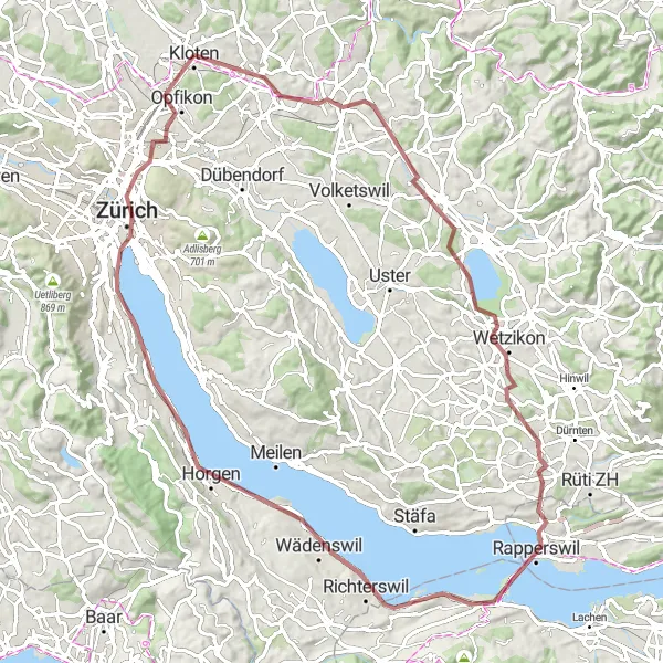 Miniatura della mappa di ispirazione al ciclismo "Avventura in Gravel tra Kloten e Glattbrugg" nella regione di Zürich, Switzerland. Generata da Tarmacs.app, pianificatore di rotte ciclistiche