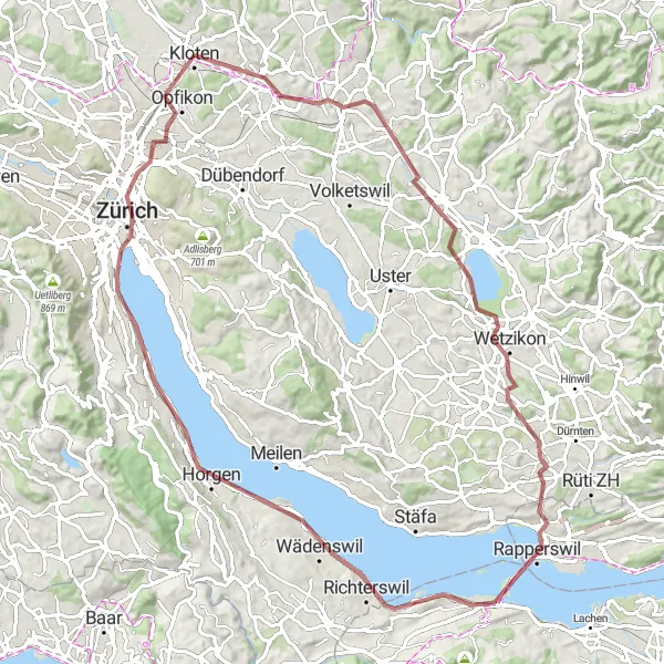 Karttaminiaatyyri "Kloten - Birchen - Wetzikon - Gerbel - Lindenhof - Richterswil - Thalwil - Bürkliplatz - Glattbrugg - Kloten" pyöräilyinspiraatiosta alueella Zürich, Switzerland. Luotu Tarmacs.app pyöräilyreittisuunnittelijalla