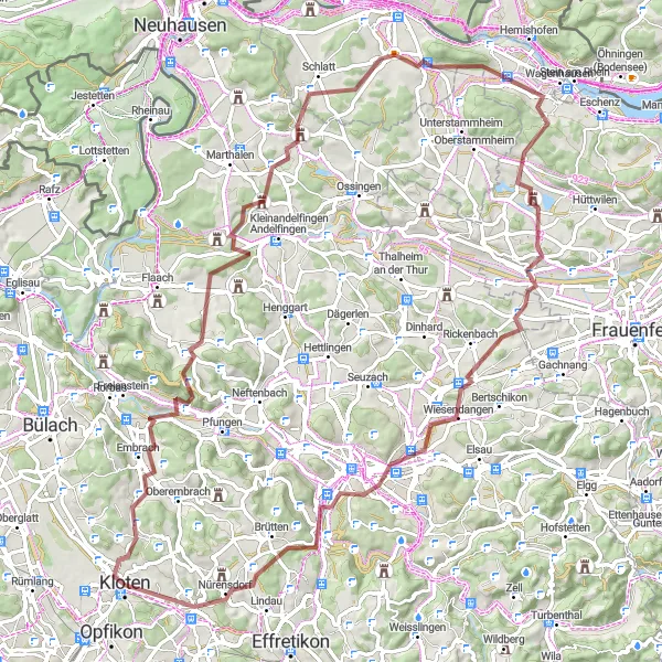 Miniatuurkaart van de fietsinspiratie "Graveltocht van Kloten naar Schlattingen" in Zürich, Switzerland. Gemaakt door de Tarmacs.app fietsrouteplanner