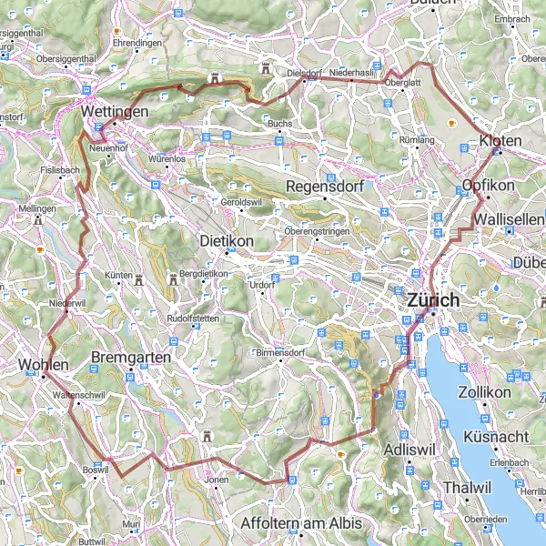 Miniatura della mappa di ispirazione al ciclismo "Esplorazione gravel da Kloten a Zurigo" nella regione di Zürich, Switzerland. Generata da Tarmacs.app, pianificatore di rotte ciclistiche
