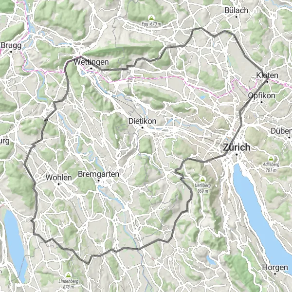 Zemljevid v pomanjšavi "Kloten - Baden - Regensberg Loop" kolesarske inspiracije v Zürich, Switzerland. Generirano z načrtovalcem kolesarskih poti Tarmacs.app