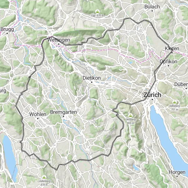 Karttaminiaatyyri "Kloten - Monte Diggelmann - Whiskypass - Hedingen - Muri - Villmergen - Baden - Sulperg - Regensberg - Niederglatt - Kloten" pyöräilyinspiraatiosta alueella Zürich, Switzerland. Luotu Tarmacs.app pyöräilyreittisuunnittelijalla