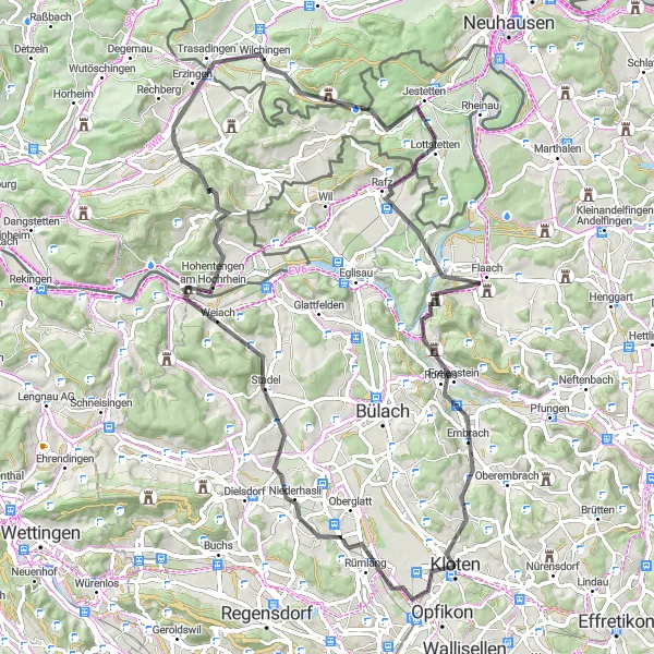 Miniatura della mappa di ispirazione al ciclismo "Esplorazione in bicicletta da Kloten a Schaffhausen" nella regione di Zürich, Switzerland. Generata da Tarmacs.app, pianificatore di rotte ciclistiche