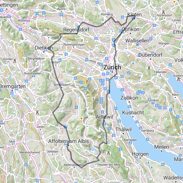 Miniatura della mappa di ispirazione al ciclismo "Giro in Bicicletta Stradale verso Dietikon" nella regione di Zürich, Switzerland. Generata da Tarmacs.app, pianificatore di rotte ciclistiche