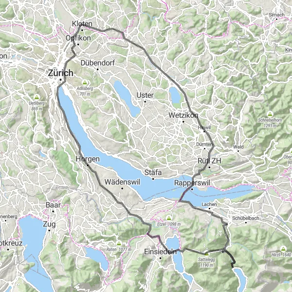 Karttaminiaatyyri "Vuoristolautatiet Zürichistä Satteleggiin" pyöräilyinspiraatiosta alueella Zürich, Switzerland. Luotu Tarmacs.app pyöräilyreittisuunnittelijalla