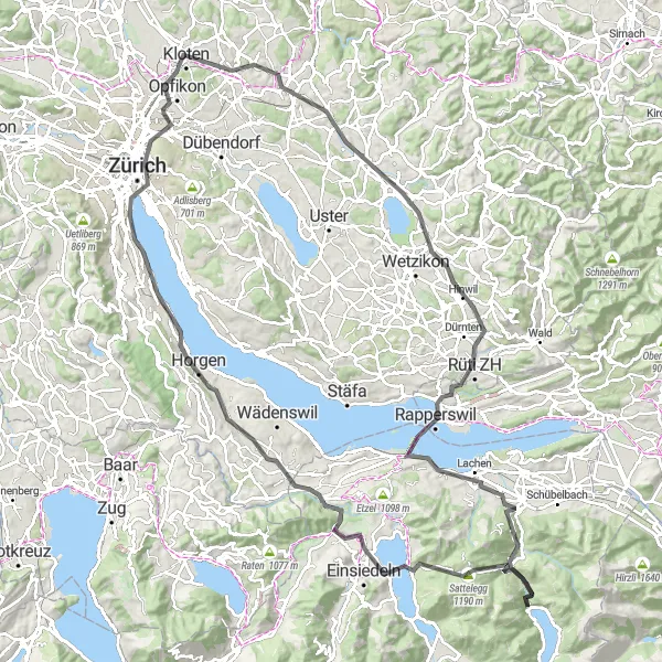 Miniaturekort af cykelinspirationen "Søen Pfäffikersee cykelrute" i Zürich, Switzerland. Genereret af Tarmacs.app cykelruteplanlægger