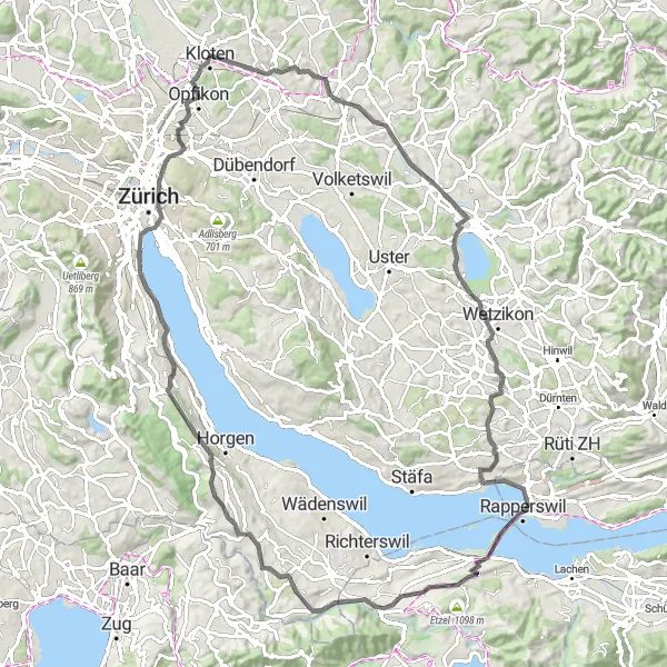 Miniatua del mapa de inspiración ciclista "Ruta escénica de larga distancia desde Kloten" en Zürich, Switzerland. Generado por Tarmacs.app planificador de rutas ciclistas