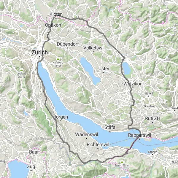 Kartminiatyr av "Runt Zürichs sjöar och kullar" cykelinspiration i Zürich, Switzerland. Genererad av Tarmacs.app cykelruttplanerare